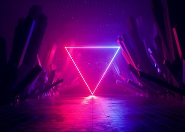 3d render, abstract background, cosmic landscape, triangular portal, pink blue neon light, virtual reality, energy source, glowing quad, dark space, ultraviolet spectrum, laser triangle, rocks, ground