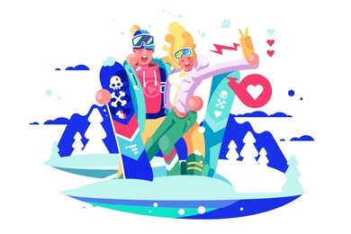 smiling boy and girl taking selfie on smartphone with snowboards. couple of snowboarders in ski suit takes photos for social media app. winter kinds of sport and holidays flat vector illustration
