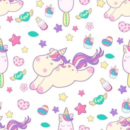 cute kawaii unicorn with magical elements and ice cream. vector background.