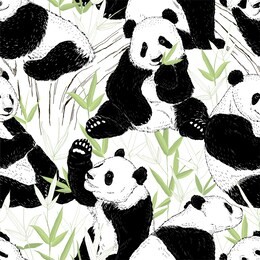 seamless pattern with hand-drawn cute pandas and bamboo.