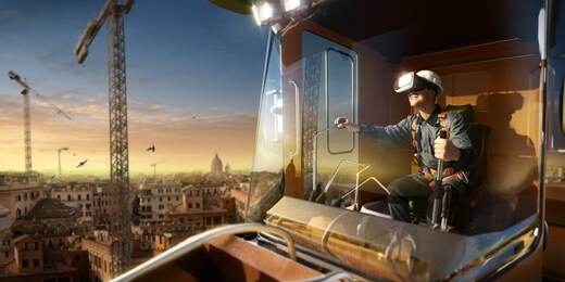 engineer operator crane trying vr headset and exploring another world around beautiful sunset