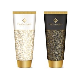 luxury golden packaging design for cosmetics. vintage vector ornament template. elegant, classic elements. great for lotion, cream and other package types. can be used for background and wallpaper.