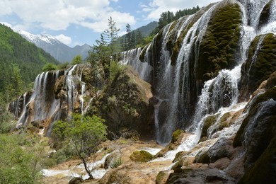 pearl shoal waterfall  in jiuzhaigou, aba-ngawa tibetan and qiang autonomous prefecture in northern sichuan province, china.
