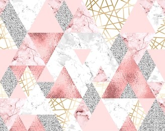 vector seamless geometric pattern with gold metallic lines, silver glitter, pink and marble triangles. modern polygons abstract texture on white background 