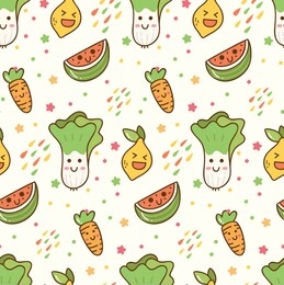 cartoon fruits and vegetables kawaii seamless pattern 