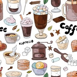 seamless pattern with different coffee drinks ant sweats on the white background