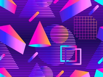 retro futurism seamless pattern. geometric elements memphis in the style of 80's. synthwave retro background. retrowave. vector illustration