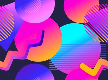 seamless pattern with geometric objects in the memphis style of the 80s. gradient shapes. synthwave retro background. retrowave. vector illustration