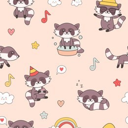 kawaii raccoon seamless pattern. cute animals background for nursery kids design, wallpaper, fabric. raccoons cartoon. vector illustration