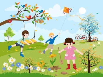 spring landscape with children playing at grass field, vector illustration of kids having fun playing outdoor during spring season, spring and summer child's outdoor activities. happy childhood