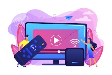 tiny people watch video with remote control and television multimedia box. smart tv box, smart tv console, make your tv smart concept. bright vibrant violet vector isolated illustration