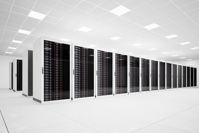 data center with long row of servers angular view