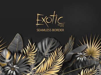 horizontal line floral seamless pattern made with gold and black leaves of tropical plants on dark gray background. tropic rain forest foliage border. vector illustration.