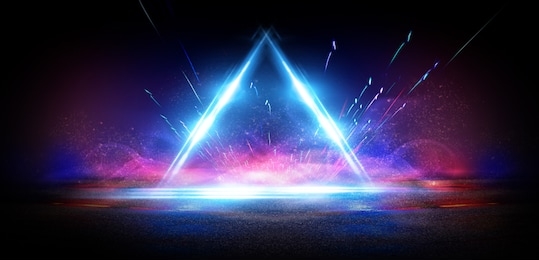 background of empty street at night, neon light, asphalt, concrete, smoke, smog. abstract light element in the center, light triangle.