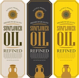 set of vector labels for refined sunflower oil with sunflower, clay jug and place for text on the striped background
