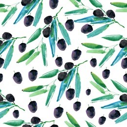 black olives with  leaves on a white background. seamless pattern. watercolor.
