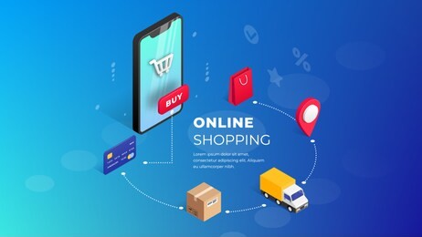 shopping online on website or mobile application. concept marketing. 3d vector isometric digital marketing illustration. horizontal view. can use for web banner, infographics, presentation