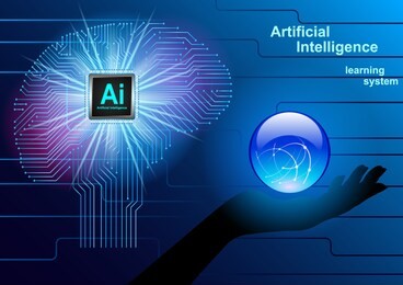 artificial intelligence, learning system. realistic brain of the chip. shining transparent ball on palm, hand. futuristic design vector illustration