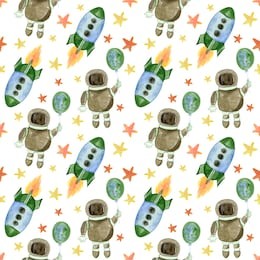 watercolor seamless pattern of flying astronauts, cute baby print, cosmic world. illustration in cartoon style with a rocket and astronauts. on a white background.perfect for wallpaper,print,packaging