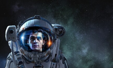 astronaut pioneer doing research. mixed media