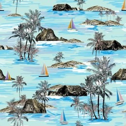 beautiful thailand islands and sailing ship pattern. summer trends bright colorful island pattern on light green background. landscape with palm trees, beach, sailing ship and ocean brush hand drawn s