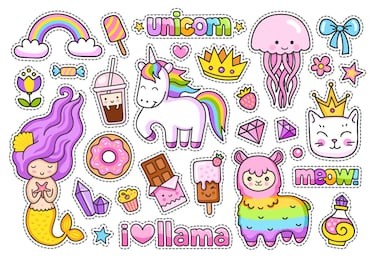 big stickers pack. kawaii little mermaid, llama, cat, rainbow magic unicorn, jellyfish, ice cream, crown, chocolate bar, donut, cake, diamond. set of cute cartoon characters.