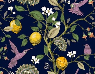 floral seamless pattern. botanical wallpaper. plants, birds flowers backdrop. drawn nature vintage wallpaper. lemons, flowers, hummingbirds, blooming garden. design for fabric, textile, wallpaper