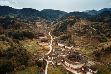 aerial view of tulou, the unique dwellings of hakka in fujian, china.