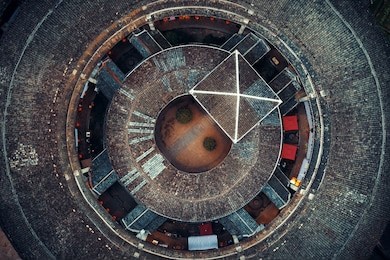 aerial closeup view of tulou, the unique dwellings of hakka in fujian, china.