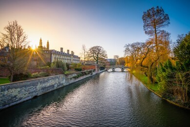 beautiful view of cambridge and the river cam at sunrise. england