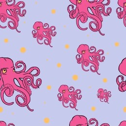 cartoon style vector illustration of pink octopus. unique abstract texture for invitations, cards, websites, wrapping paper, textile. colorful art with yellow circles isolated on blue background