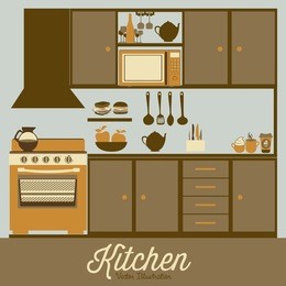 illustration kitchen with appliances, food and drawers. vector illustration