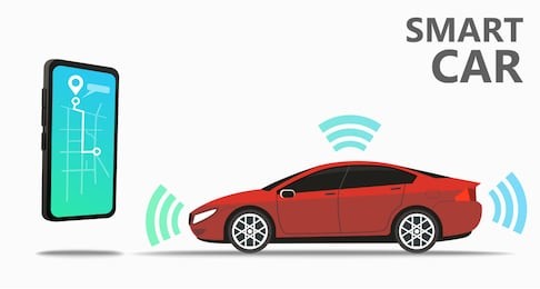 assistant to control the car, navigate and control the machine using smarton. map with the starting and ending point of the route on the smartphone screen. smart car behavior on the road with scanners