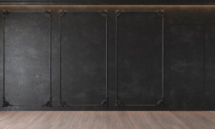 modern classic black interior with stucco, door, wooden floor, ceiling backlit, molding. empty room, blank wall. 3d render illustration mock up.