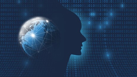 dark blue futuristic machine learning, artificial intelligence, cloud computing, automated support assistance and networks design concept with earth globe, network mesh and human face silhouette