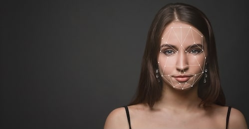 personal safety. young woman face scanning for facial recognition, panorama with empty space