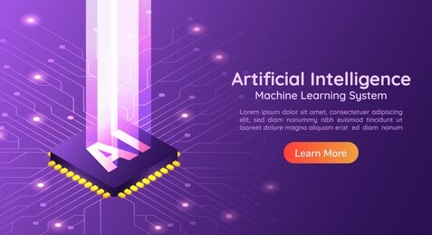 3d isometric web banner artificial intelligence ai with light pillar on computer circuit board. ai and machine learning concept landing page.