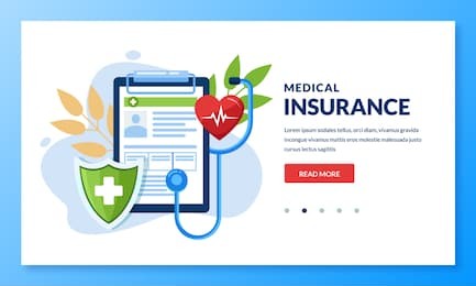 health insurance concept. vector flat medical care illustration. heart, stethoscope, green shield and health insurance sheet. landing page or banner design template for medicine and healthcare themes.