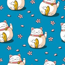 japan seamless pattern on blue background. hand drawn vector image in doodle style. japan talisman of luck. kawaii maneki-neko cat cartoon character.