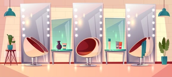 vector background with female hairdressing salon, interior. barbershop for women haircutting and makeup. grooming place with mirror, beauty club with professional devices, towels. fashion concept.