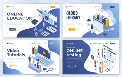 set of landing page design templates for online education, cloud library, video tutorials and online testing. easy to edit and customize. modern vector illustration concepts for websites