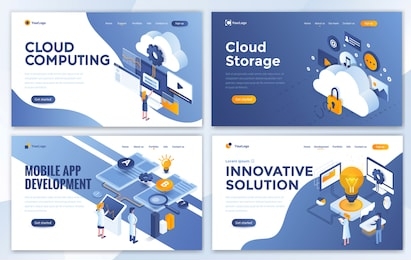 set of landing page design templates for cloud computing, cloud storage, mobile app development and innovative solution. easy to edit and customize. modern vector illustration concepts for websites
