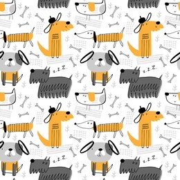 seamless vector pattern with cute dogs for typography poster, card, label, brochure, flyer, page, banner design. vector illustration background. black, gray and yellow.