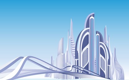 futuristic town. urban view. skyscrapers. modern architecture. towers and buildings exterior. blue sky background. daytime cityscape. bridge to city district. metropolis infrastructure. vector eps 10.