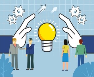 intellectual property, idea protection concept. people stand near big hands covering idea light bulb. poster for presentation, social media, banner, web page. flat design vector illustration