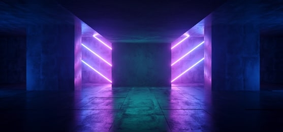 sci fi neon cyber futuristic modern retro alien dance club glowing purple pink blue lights in dark empty grunge concrete reflective room corridor background 3d rendering illustration