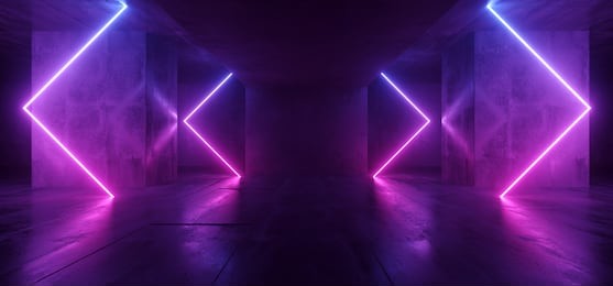 sci fi arrows shaped neon cyber futuristic modern retro alien dance club glowing purple pink blue lights in dark empty grunge concrete reflective room corridor background 3d rendering illustration