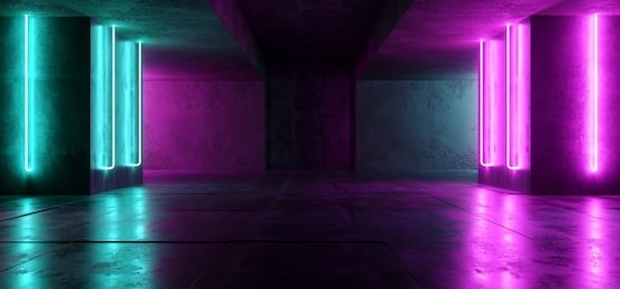 sci fi neon cyber futuristic modern retro alien dance club glowing purple pink blue lights in dark empty grunge concrete reflective room corridor background 3d rendering illustration