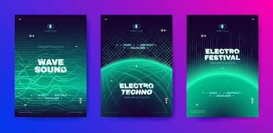 electronic music poster, 3d neon round, distorted wave lines. dj party flyer design with movement and illusion effect. electronic sound festival promotion. technology futuristic banner, electro event.