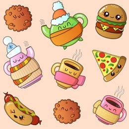 kawaii tea party seamless pattern  -  cute cups, teapots, cookies, pizza, burger and hot dog